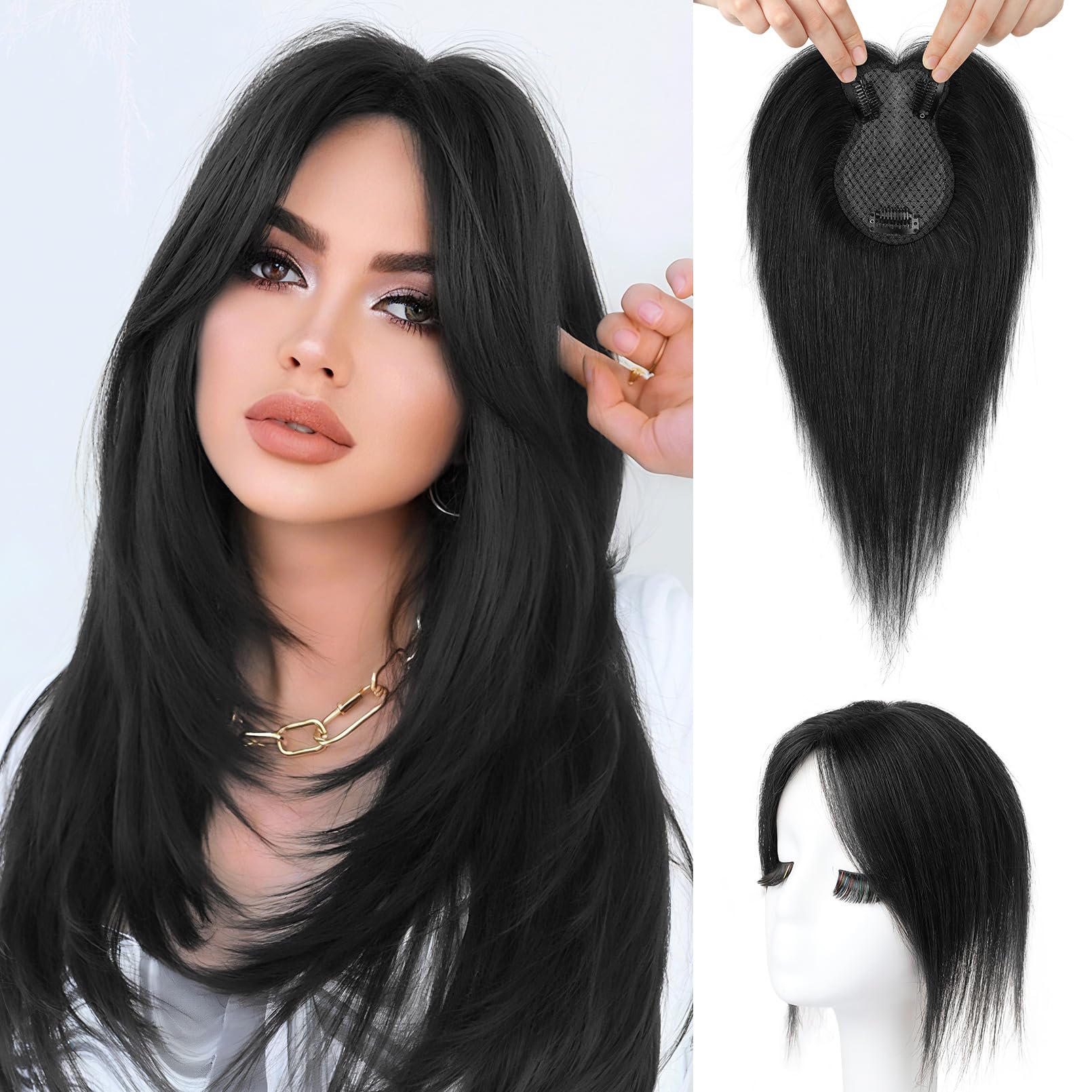 Photo 1 of Flufymooz 100% Real Human Hair Toppers for Women, 10 Inch Clip in Human Hair Topper for Thinning Hair, 360°3D Cover Clip in Bangs Natural Hairpiece With 4.5'' x 3'' Silk Base-Natural Black