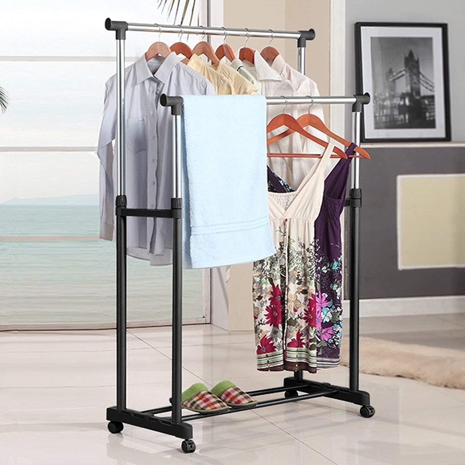 Anva Stainless Steel Premium Double-Pole Clothes Hanger/Rack, Rolling Bar Rail Rack, (for Clothes/Shoes) Adjustable