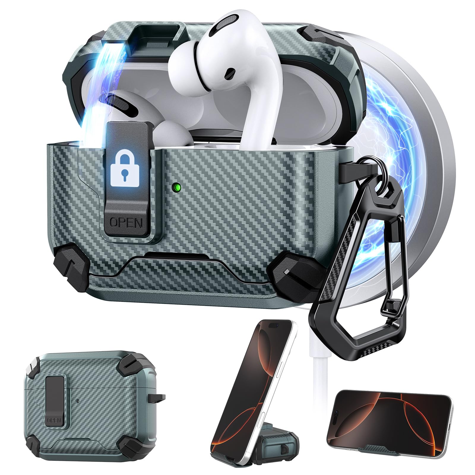 for AirPods Pro 3 Case with Magnetic Lock, Magsafe Compatible, Green Carbon