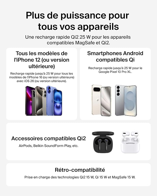 UltraCharge Chargeur Magnétique Qi2 25 W, Chargeur sans Fil Rapide, MagSafe avec Technologie De Refroidissement Passive, Support pour L'iPhone 17 (Tous Modèles), Pixelsnap, AirPods Pro - Noir