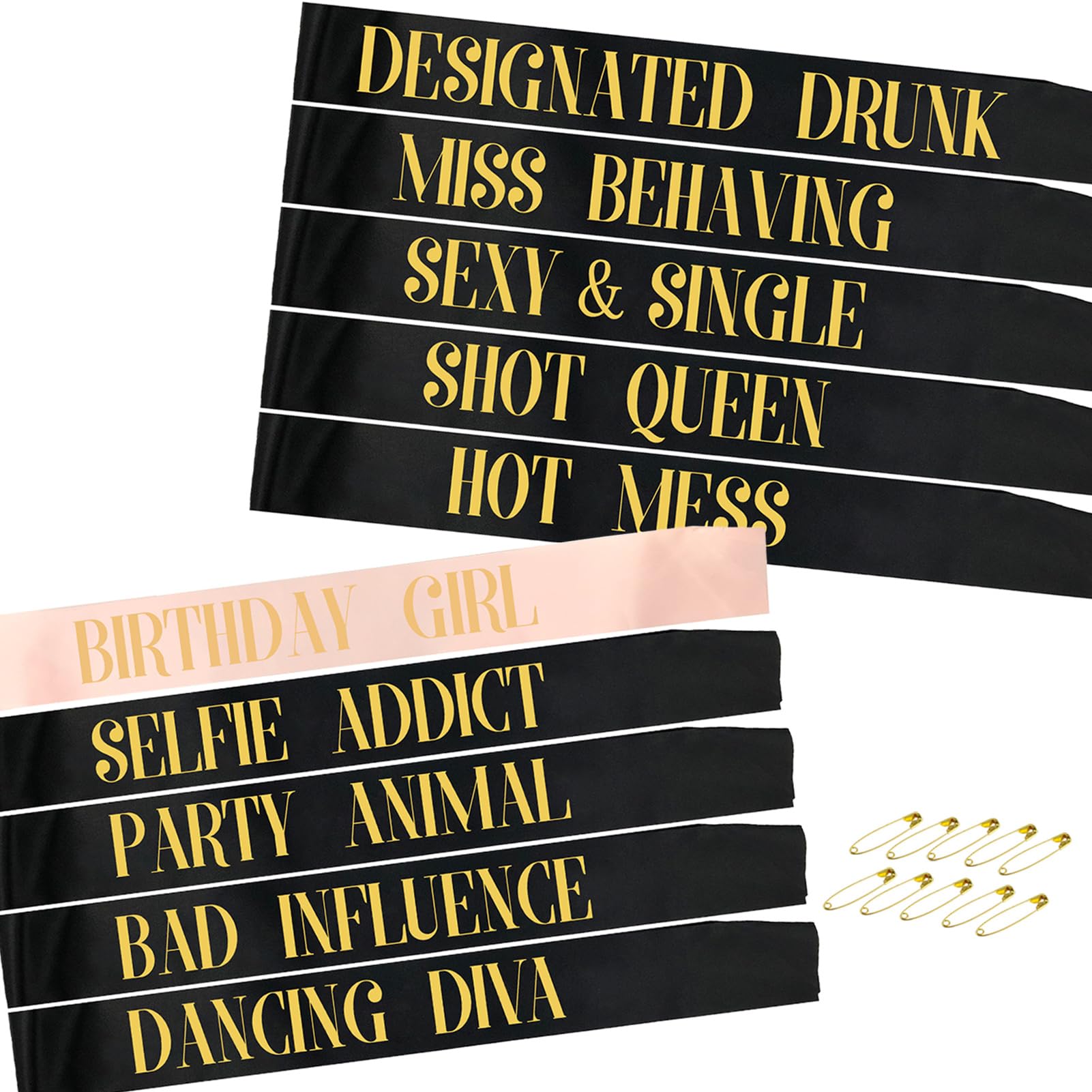 STAY GENT 10Pcs Birthday Sashes for Girls, 9Pcs Black Satin Sashes + 1Pcs Pink Birthday Girl Sash for 18st 21st 30st 40st 50st 60st Parties, Decorations, Favors