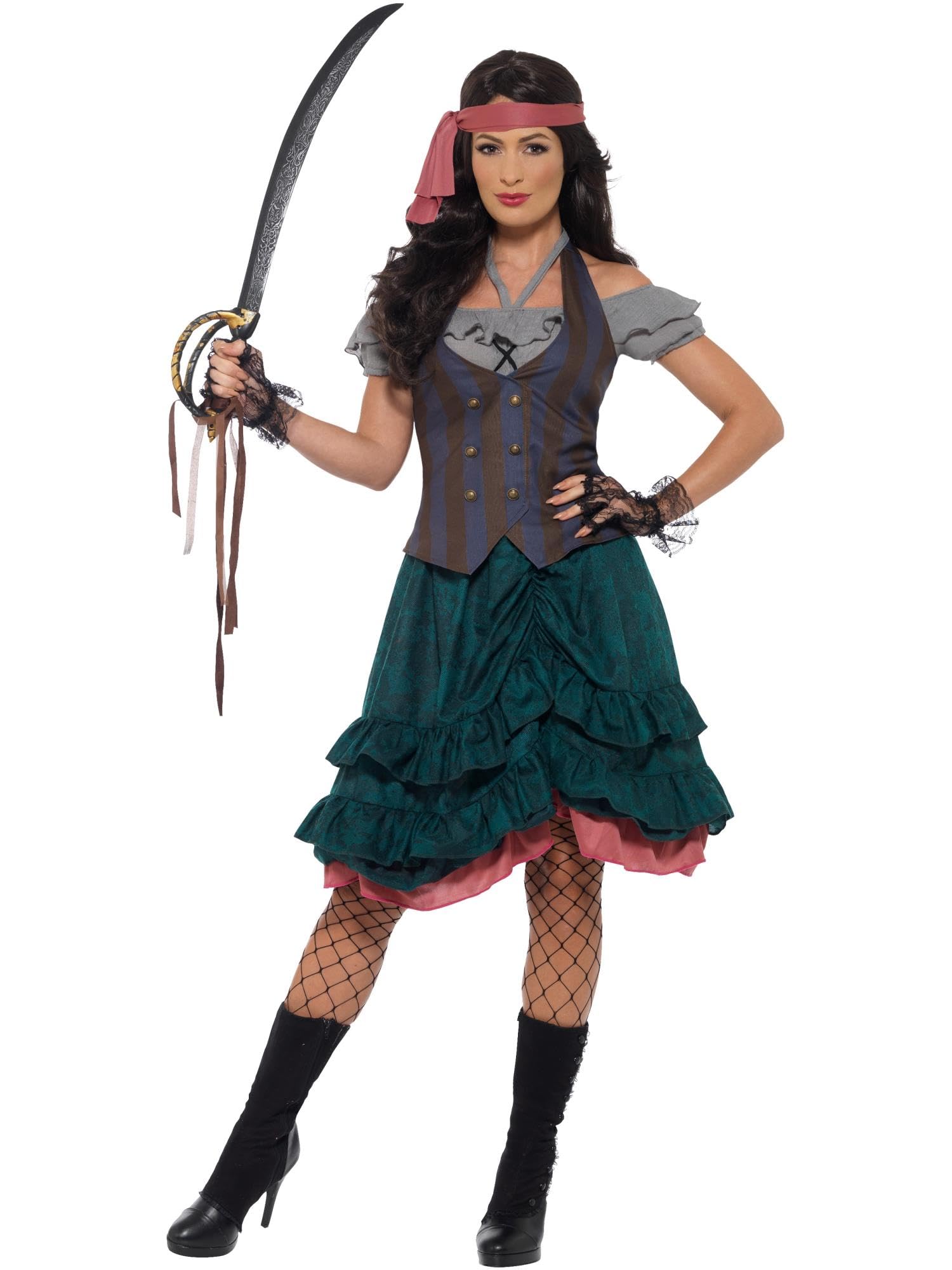 Smiffys Deluxe Pirate Wench Costume, Multi-Coloured with Top, Attached Waistcoat, Skirt & Bandana, Pirate Fancy Dress, Pirate Dress Up Costumes