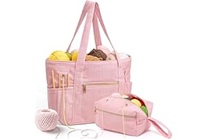 Bulyoou 2 Pcs Crochet Bag and Tote Set Corduroy Yarn Bag for Hooks Organizer Yarn Holder for Crochet Lovers Knitting Accessories(Pink)