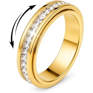 OreilleStar Fidget Toys CZ Ring Women - Anxiety Stress Relief for Adults Spinner Band Stainless Steel Jewelry for Wedding Bir