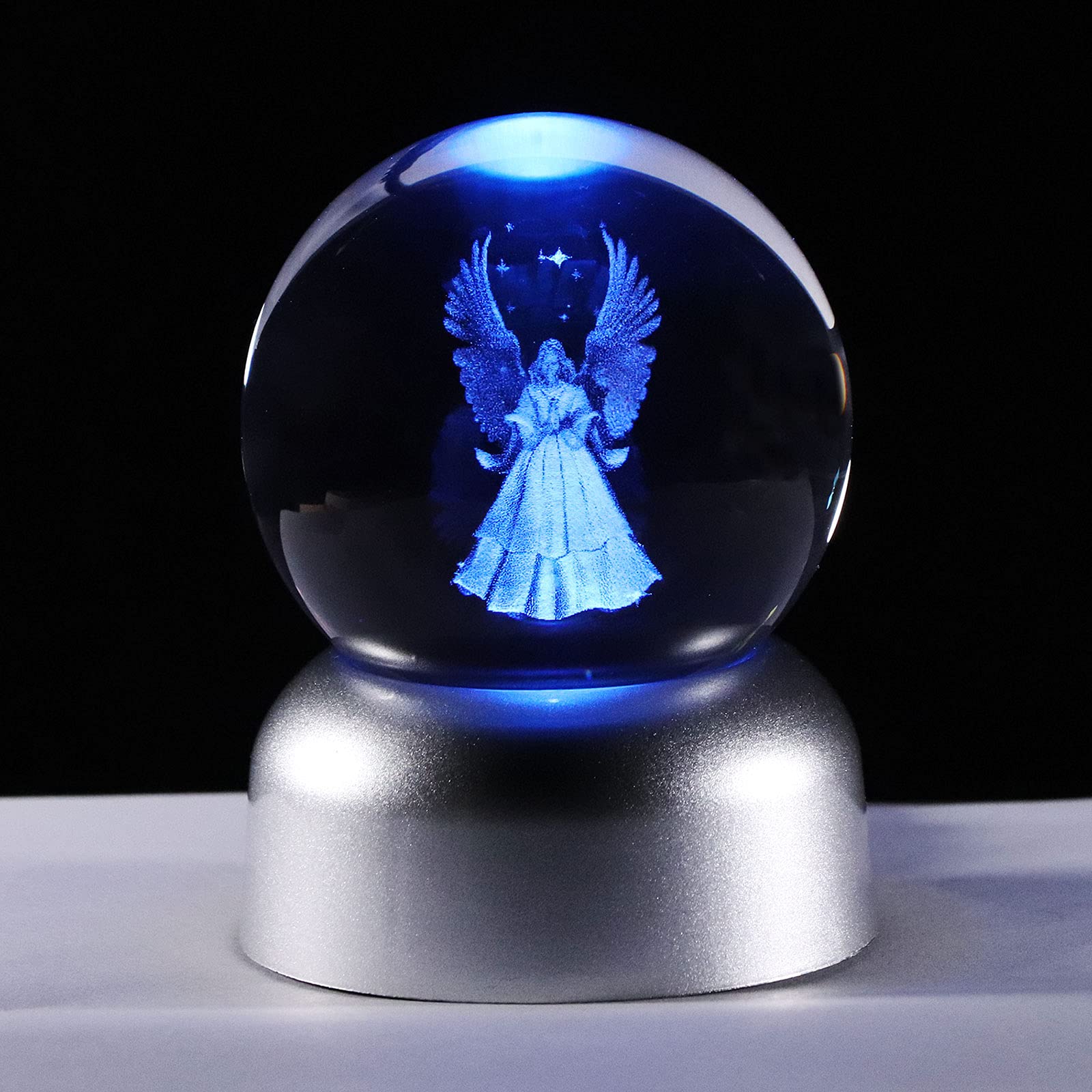Ornalrist 2.36" K9 Crystal 3D Guardian Angel Gifts, Laser Engraved Glass Angel Figurines Ball Memorial Presents Ornament for Home Art Decoration with LED Light Base