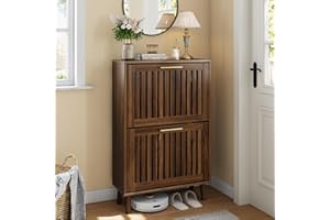 Smart FENDEE Shoe Cabinet with 2 Flip Slatted Drawers, Farmhouse Slim Shoe Organizer Rack with Golden Handles, Freestanding Hidden Entryway Storage for Hallway, Walnut