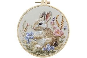 Meecaa Rabbit Flower Animal Chrysanthemum Embroidery Kit Starter Set, Hand Embroidery Set,Pattern Printed Cross Stitch Set fo
