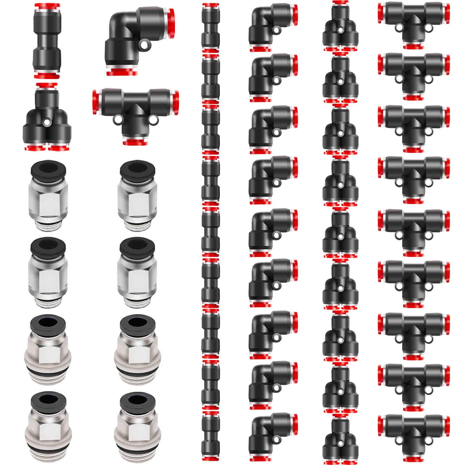 Pronese 48 Pcs Quick Release Plastic Pneumatic Air Line Fittings, 6mm Straight/Elbow/T/Y Push Connectors, G1/4 & G1/8 6mm Push to Connect Fittings Kit