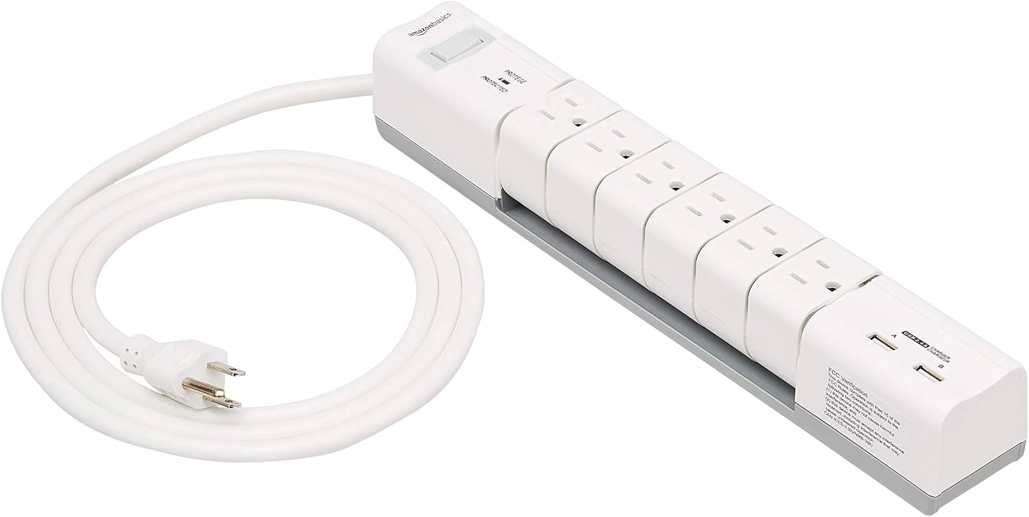AmazonBasics, Extensión eléctrica con 2 conectores Usb , Blanca, 1080