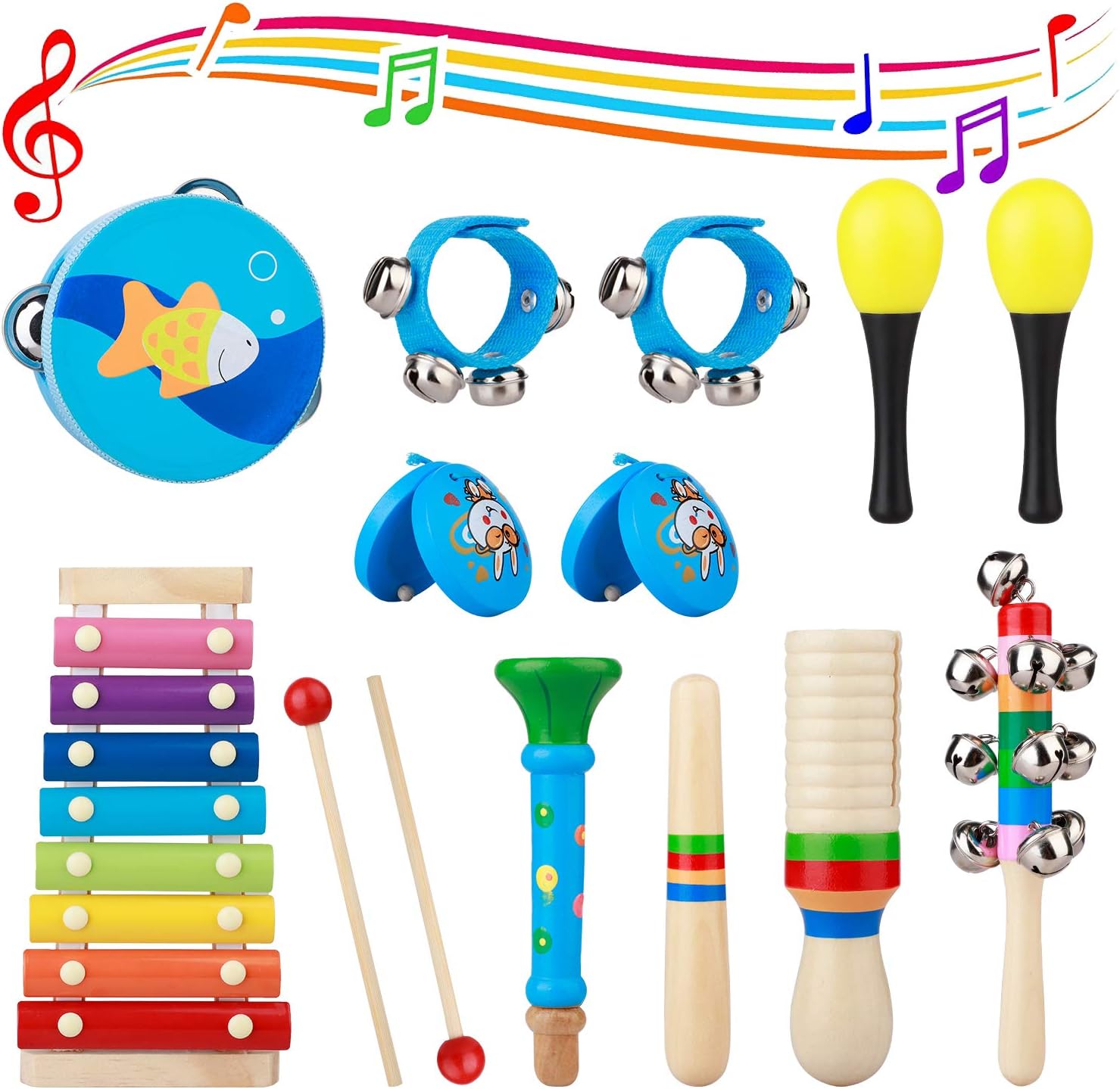 Firlar Baby Musical Instruments Toy Sets, 14 Pieces Music Wooden Education Toys with Tambourine Xylophone Percussion Instruments for Early Learning Toys for Toddler Boys Girl Gifts