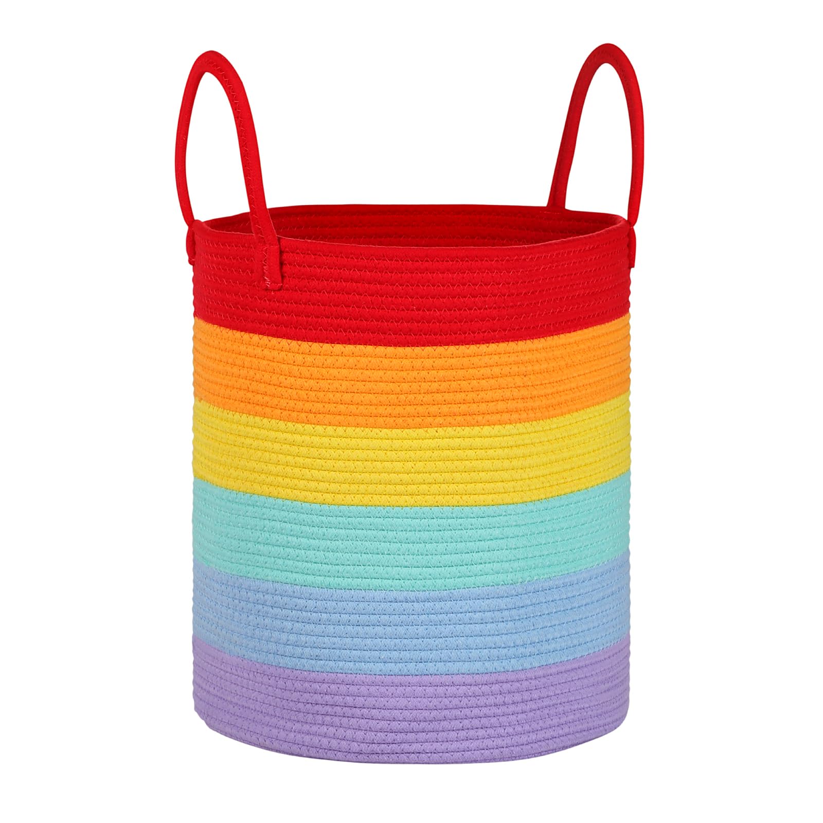 Univivi New Laundry Basket, 40L Foldable Blanket Baskets, Woven Storage Baskets with Sturdy Handle, Large Toy Storage Basket for Kids Baby, Nursery Cotton Rope Basket, Rainbow (35x40cm)