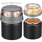 JXXM 2-in-1 kids Insulated Food Jar 13.5oz Soup Thermo with Snack Container Kids Thermo for Hot Food Lunch Containers Wide Mouth Vacuum Stainless Steel Leak Proof for School Travel (13.5OZ-Gray)