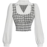 MakeMeChic Women's Houndstooth Blouse Long Lantern Sleeve Botton Down Workwear Shirts Top 2025