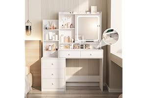 Vabches Vanity Desk with Mirror and Lights,Makeup Vanity with 6 Drawers and Shelves,Dressing Table with Power Outlet,Makeup Desk with Led Lighted Mirror in 3 Colors,for Bedroom,White