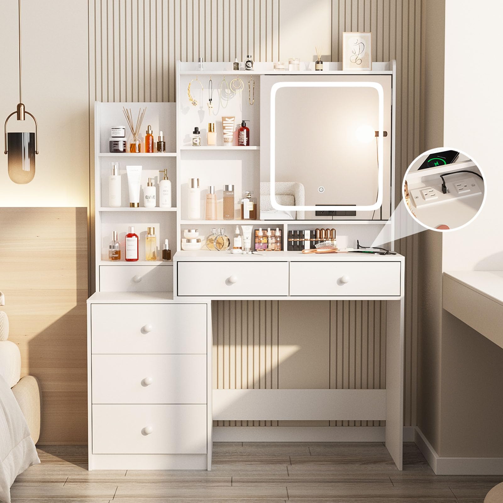Photo 1 of ***PARTS ONLY***
Vabches Vanity Desk with Mirror and Lights,Makeup Vanity with 6 Drawers and Shelves,Dressing Table with Power Outlet,Makeup Desk with Led Lighted Mirror in 3 Colors,for Bedroom,White
