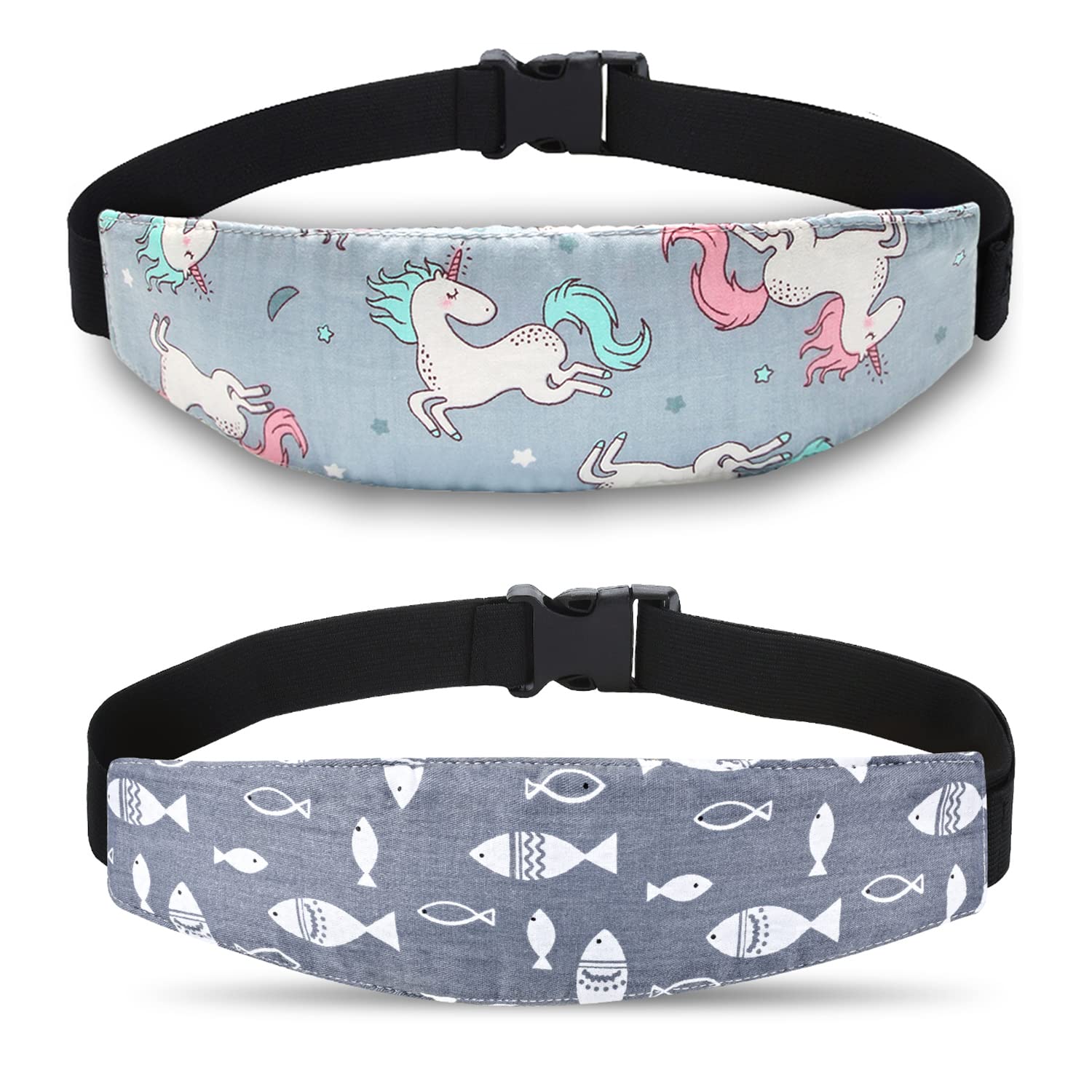 Photo 1 of Baby Carseat Head Support,Car seat Straps Pillow Support Ban,Stroller Neck Relief Strap Headrest,Slumber Sling Sleep Positioner for Toddler Infants Child Children Kids(Gery Unicorn + Fish)