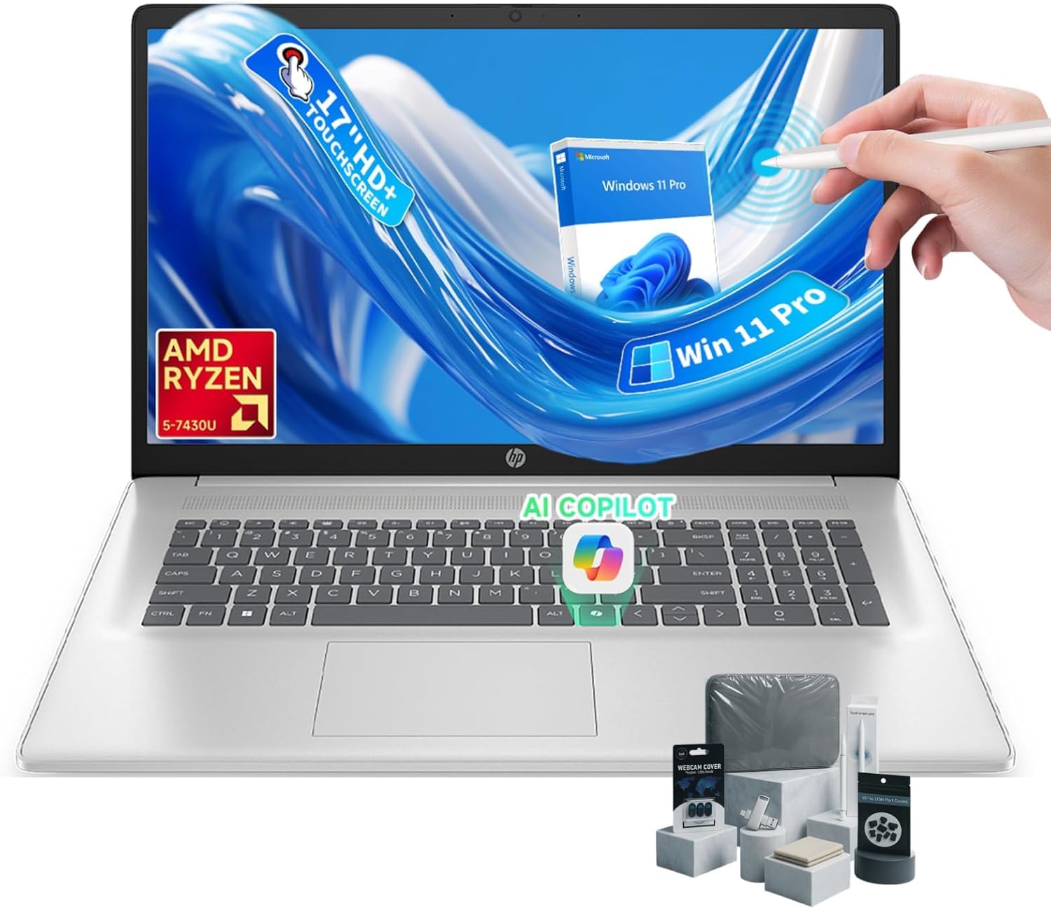 HP 17 Touchscreen Laptop Computer - 17.3" Anti-Glare HD+, AMD Ryzen 5 7430U (up to 4.3GHz), Wi-Fi 6, BT 5.4, Backlit KB, Windows 11 Pro, Copilot, Laptop for Business (16GB RAM | 1TB SSD) Image