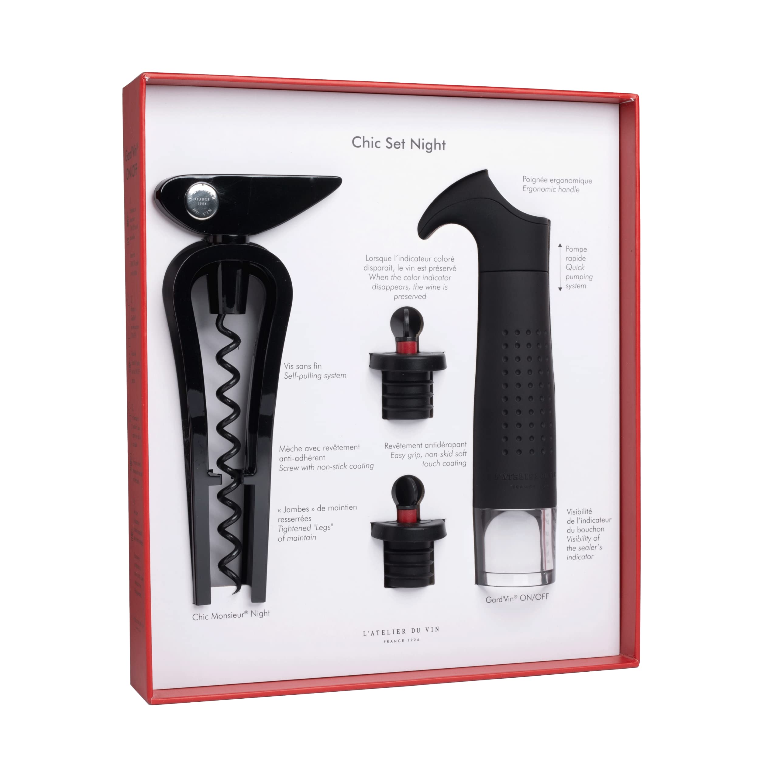 L'ATELIER DU VIN - Chic Set Night - Sommelier box, Gift box - Chic Monsieur Night corkscrew - Wine Gard'vin vacuum pump ON/OFF