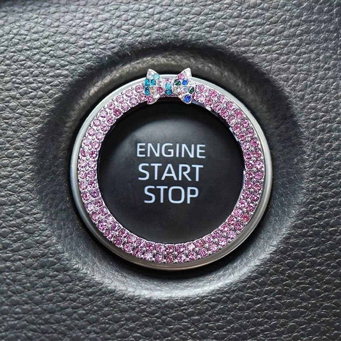 Photo 1 of ALITTLEBYLIFE Car Bling Ring Emblem Car Accessories for Buttons & Knobs, Sparkling Push Start Button Cover/Sticker, Key Ignition & Knob Ring Decoration, Bling Car Interior Accessories - Pink