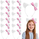Chanaco 12Pcs Cat Ears Headbands Party Decorations Pink Bow Kitty Furry Hair Accessories Cute White Gabby Headpieces Birthday Favors Halloween Costume Kawaii Gifts