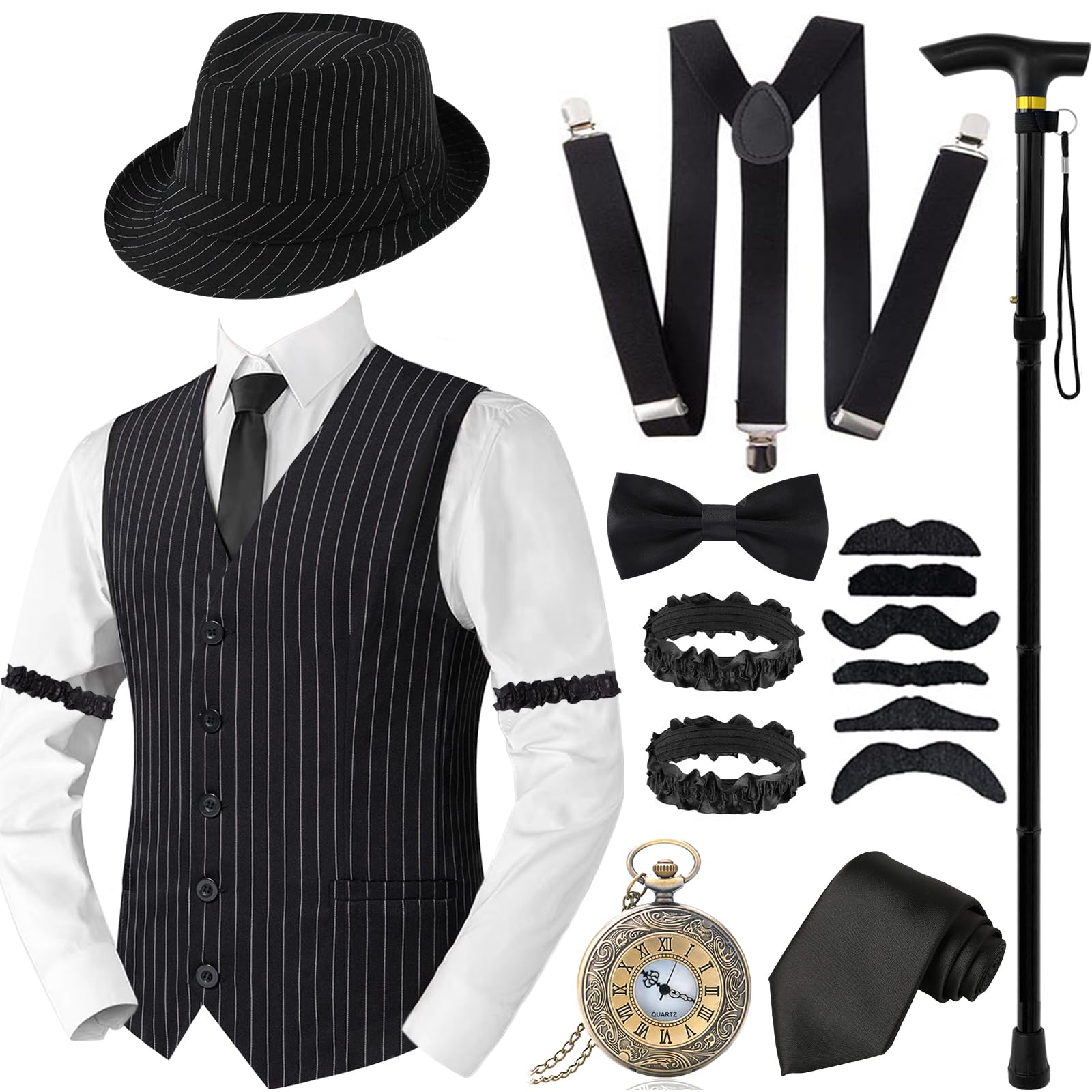 Photo 1 of 1920s Men Costume Accessories Set for Adult, Roaring Retro 20s Gatsby Gangster Costume Outfit with Stripe Vest Hat Crutch Tie-6XL