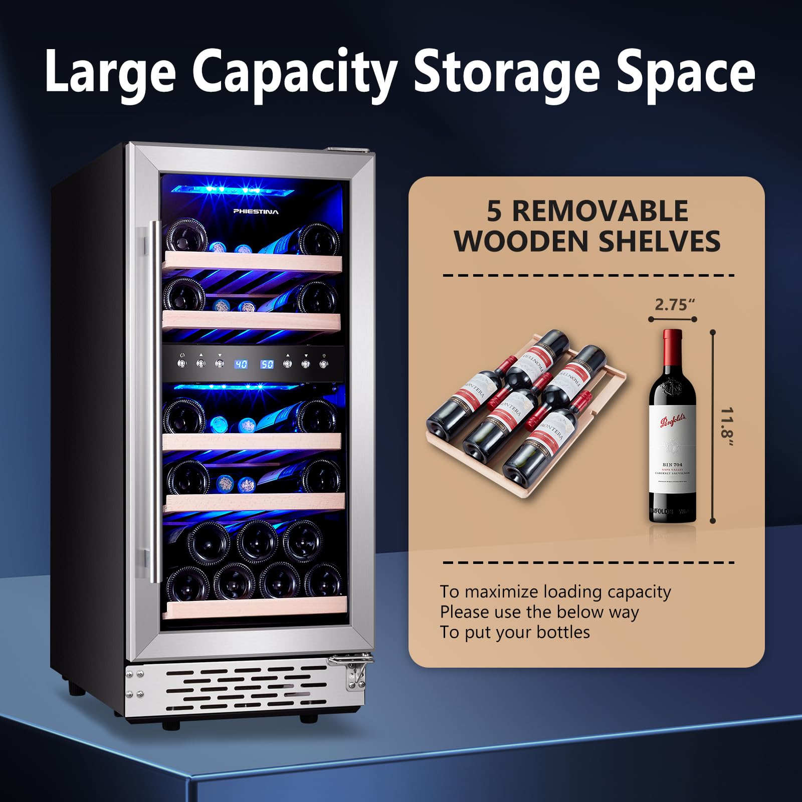 Phiestina Wine Fridge, 15 Inch Small Wine Cooler Refrigerator 31 Bottles Dual Zones Under Counter Temperature Control Built-in/Freestanding