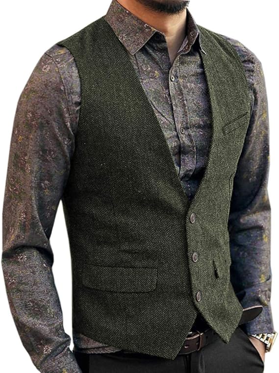 Aesido Men's Suit Vest Slim Fit Herringbone Wool Tweed Casual V Neck