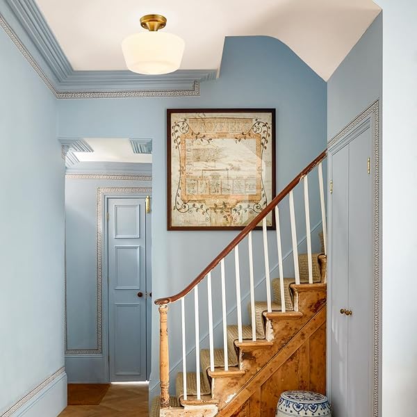 YOUNGRENDER SCHOOLHOUSE LIGHT FIXTURE MODERN GOLD CEILING LIGHT,SEMI FLUSH MOUNT CEILING LIGHT,12”WIDE OPAL MILK GLASS SHADE,BRASS VINTAGE LIGHT FOR FARMHOUSE BEDROOM KITCHEN HALLWAY ENTRYWAY