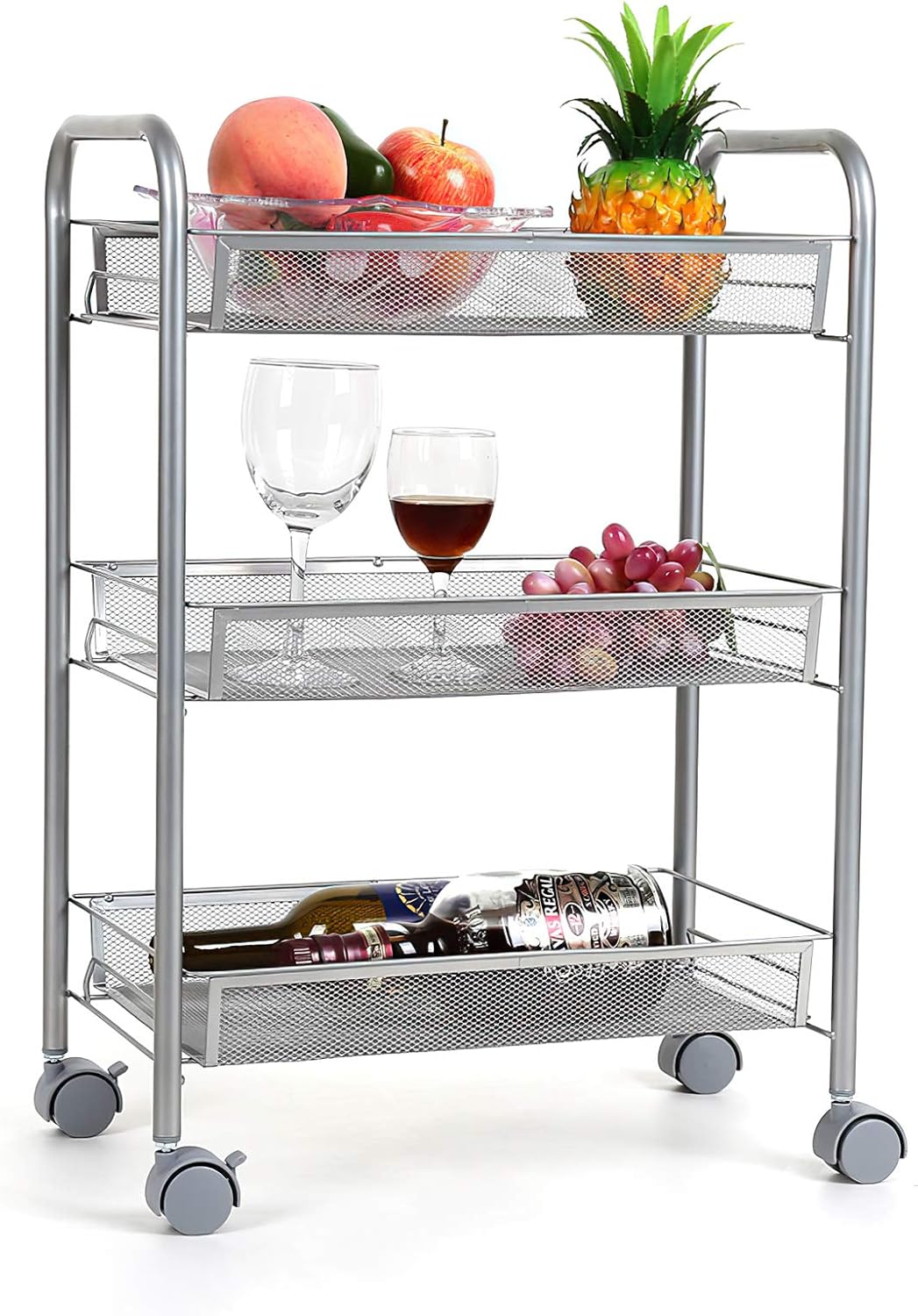Homfa 3-Tier Mesh Wire Rolling Cart Multifunction Utility Cart Kitchen Storage Cart on Wheels, Steel Wire Basket Shelving Trolley,Easy Moving,Silver: Home & Kitchen