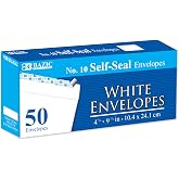 BAZIC Products #10 Self-Seal White Envelopes, 50 Ct | #10 self-seal white mailing envelopes, 4 1/8 x 9 1/2 in, Peel-and-seal strip for checks, Invoices, Everyday