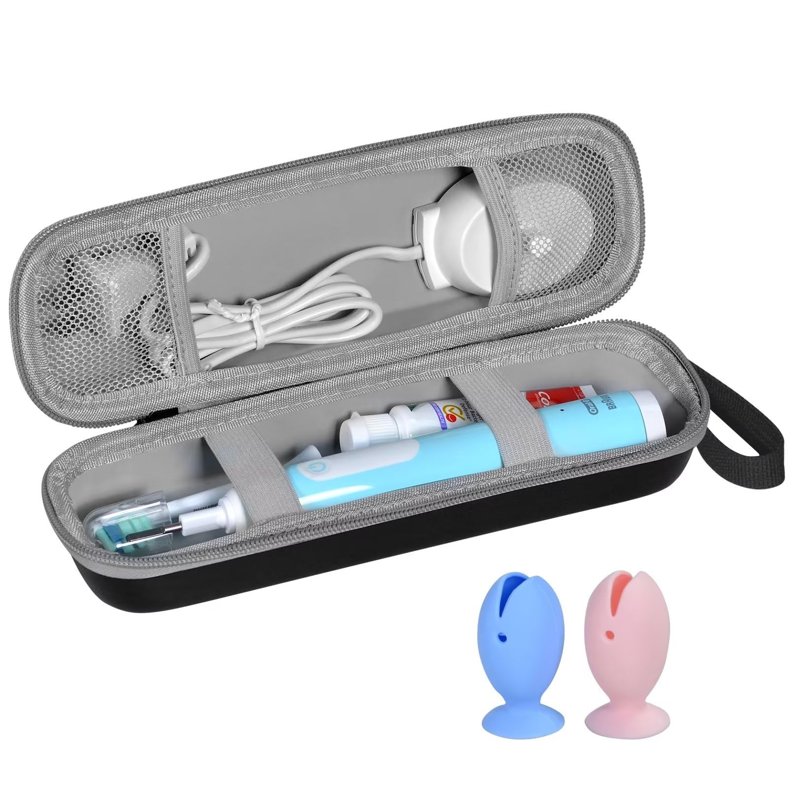 TUNYINSH Travel Case for Oral-B/Oral-B Pro/Phlips Sonicare Electric Toothbrush with 2pcs Toothbrush Heads Cover Cap, Portable Hard Protective Storage Bag with Accessories Storage (Black) — image 1