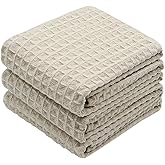 VeraSong Waffle Weave Absorbent Kitchen Dish Towels - Thick Microfiber 16Inch x 24Inch 3 Pack Khaki