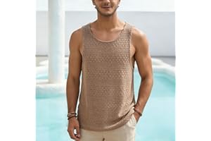 Men's Sleeveless Tank Top Hollow Out Crochet Knit Loose Fit Crew Neck Casual Vintage Pullover for Beach Vacation Luau Party