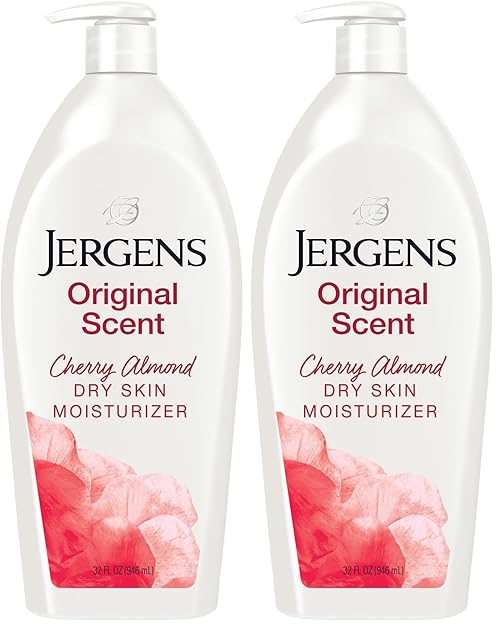 Jergens Original Scent Dry Skin Lotion, Body and Hand Moisturizer for Long Lasting Skin Hydration, with HYDRALUCENCE blend and Cherry Almond Essence, 32 Ounce (Pack of 2)