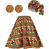 Women African Dashiki Skirt Casual Stretch Head Wrap Scarf Drop Dangle Earrings