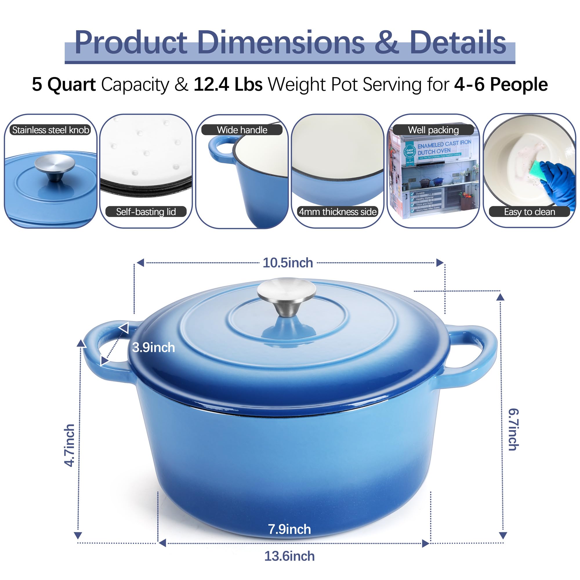 E-far Dutch Oven Pot with Lid, 5 Quart Enameled
