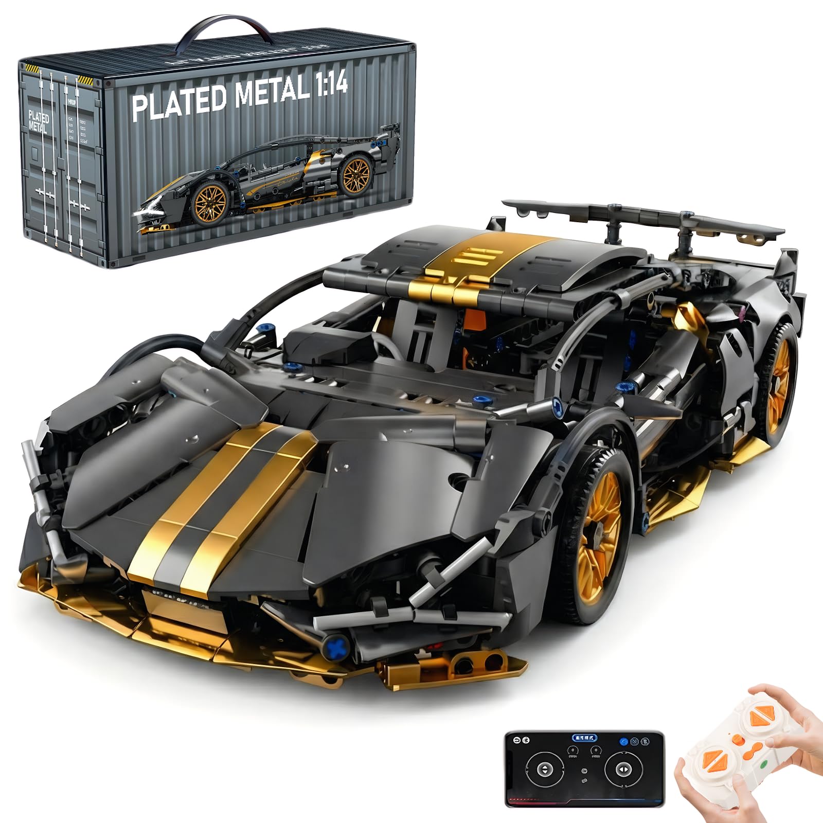 AoreSpty 1:14 Black & Gold Supercar Building Kit, 1280+ STEM Building Blocks with Remote & App Control, Realistic Toy Cars for Boys, Teens & Adults, Gift for 10, 11, 12 Year Old Boys