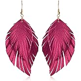 JIUIQL Handmade Bohemian Large Soft Genuine Leather Fringe Double Feather Lightweight Color PU Leaf Drop Dangle Earrings for Women Fashion Jewelry Gifts