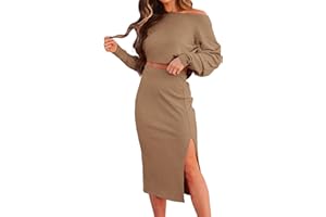 dowerme Women's 2 Piece Outfits 2025 Fall Long Sleeve Crop Tops Slit Bodycon Ribbed Knit Midi Skirt Sets Lounge Wear
