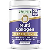 Orgain Hydrolyzed Multi Collagen Powder for Women & Men, 20g Collagen, Supports Hair, Skin, Nail & Joint Health, Type I, II, III, V, X, Vitamin C & Amino Acids, Non-GMO, Unflavored (21 Servings) 15oz