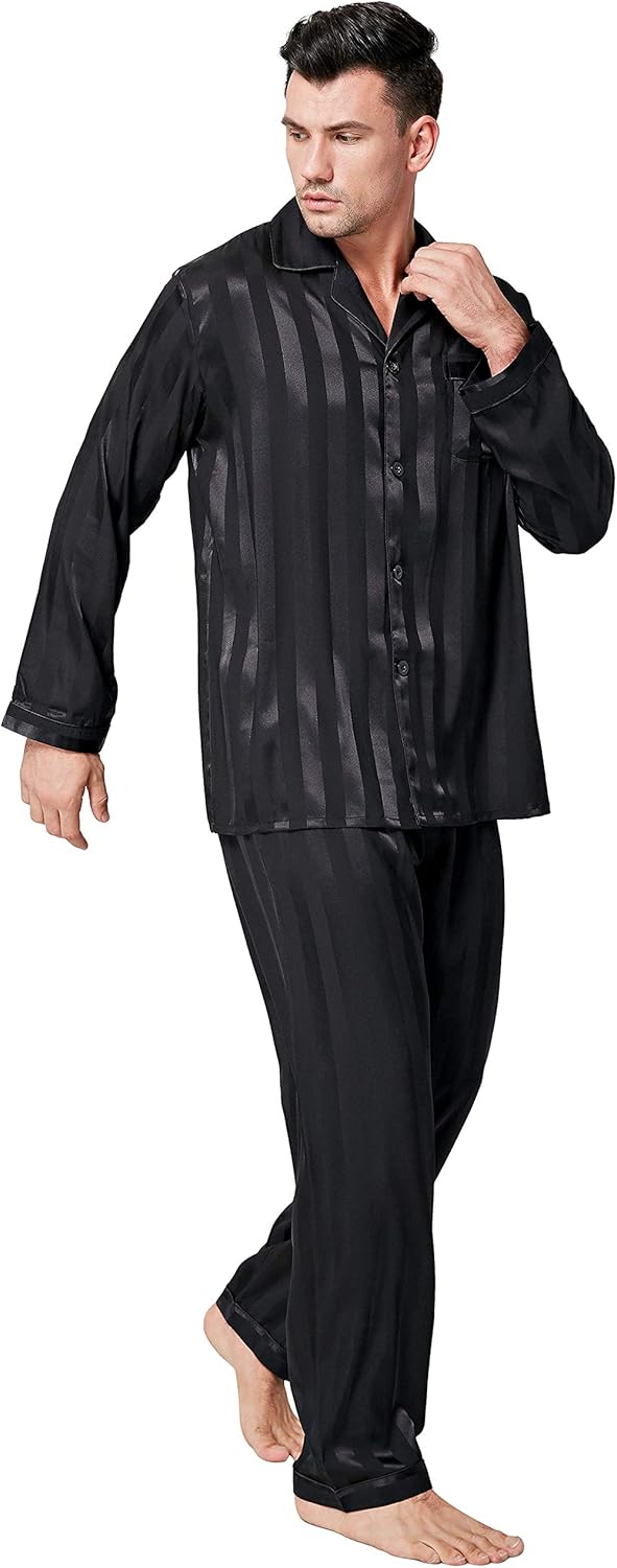 Lonxu Pajamas Set Mens Silk Satin Pajamas Long Sleeve Loungewear Two-Piece Sleepwear Button-Down Pj Set S-XXXXL at  Men’s Clothing store