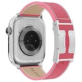 Leather Band Compatible with Apple Watch 49mm46mm45mm44mm42mm41mm 40mm38mm,Stylish Magnetic H Buckle Strap for iWatch Ultra 2/1/SE/Series 10/9/8/7/6/5/4/3/2/1 Women Men (Pink Band+Silver H Buckle, 44mm45mm46mm49mm)