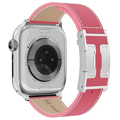 Leather Band Compatible with Apple Watch 49mm46mm45mm44mm42mm41mm 40mm38mm,Stylish Magnetic H Buckle Strap for iWatch Ultra 2/1/SE/Series 10/9/8/7/6/5/4/3/2/1 Women Men (Pink Band+Silver H Buckle, 44mm45mm46mm49mm)
