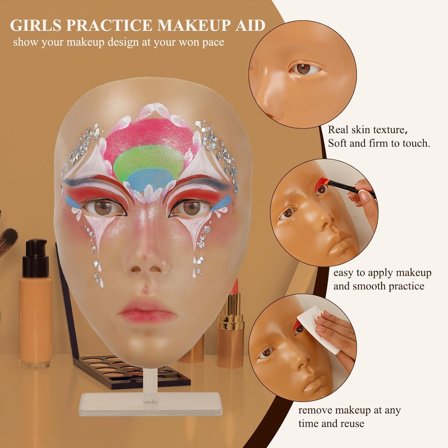 Makeup Practice Board, Face Painting Mannequin Head with Stand, 5D Reusable Silicone Face Practice Board for Makeup Artists & Beginners, Brown