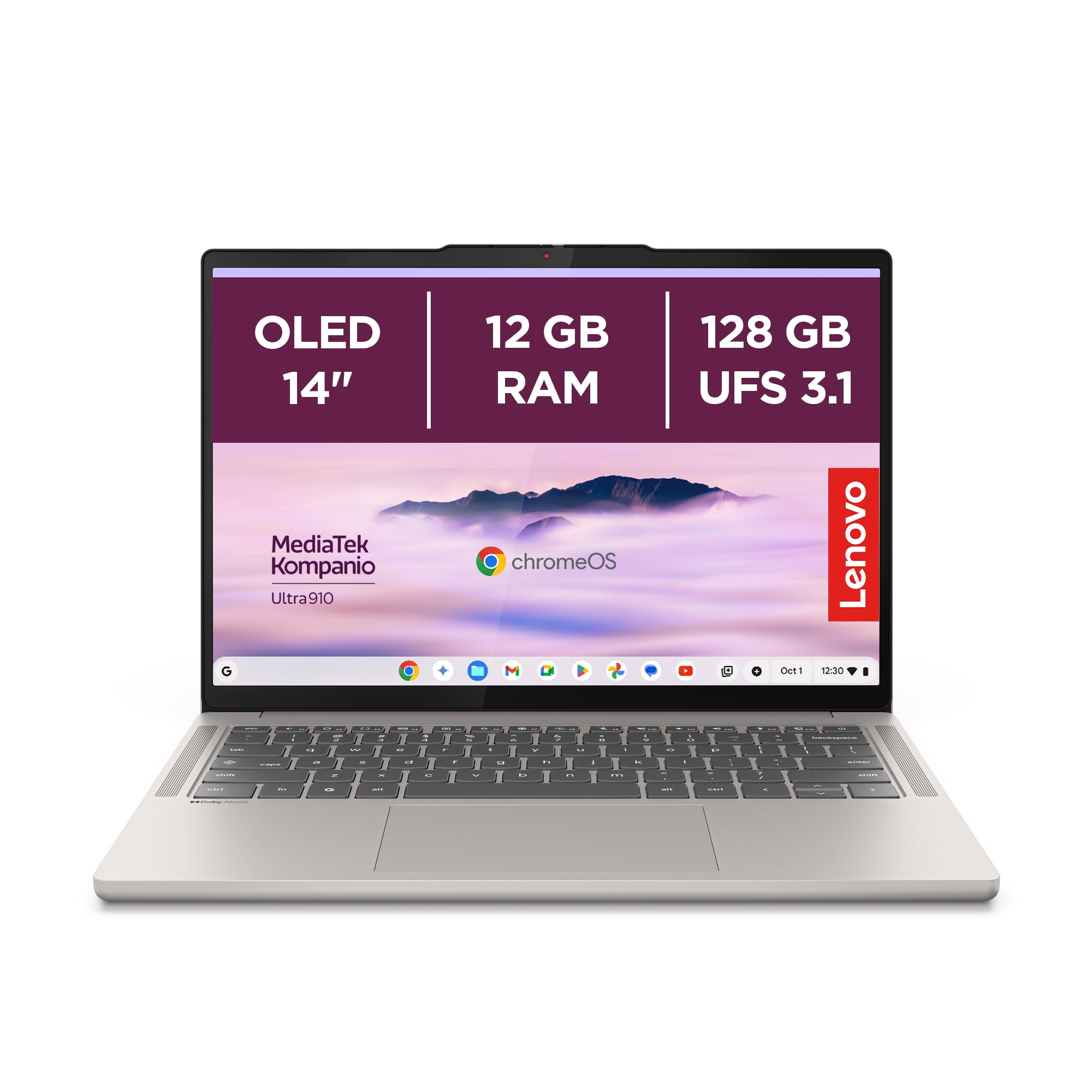 Lenovo Chromebook Plus 14" Notebook OLED WUXGA (1920x1200), 128GB eMMC, 12GB RAM, Wi-Fi7, MediaTek Kompanio U910, ChromeOS - Seashell