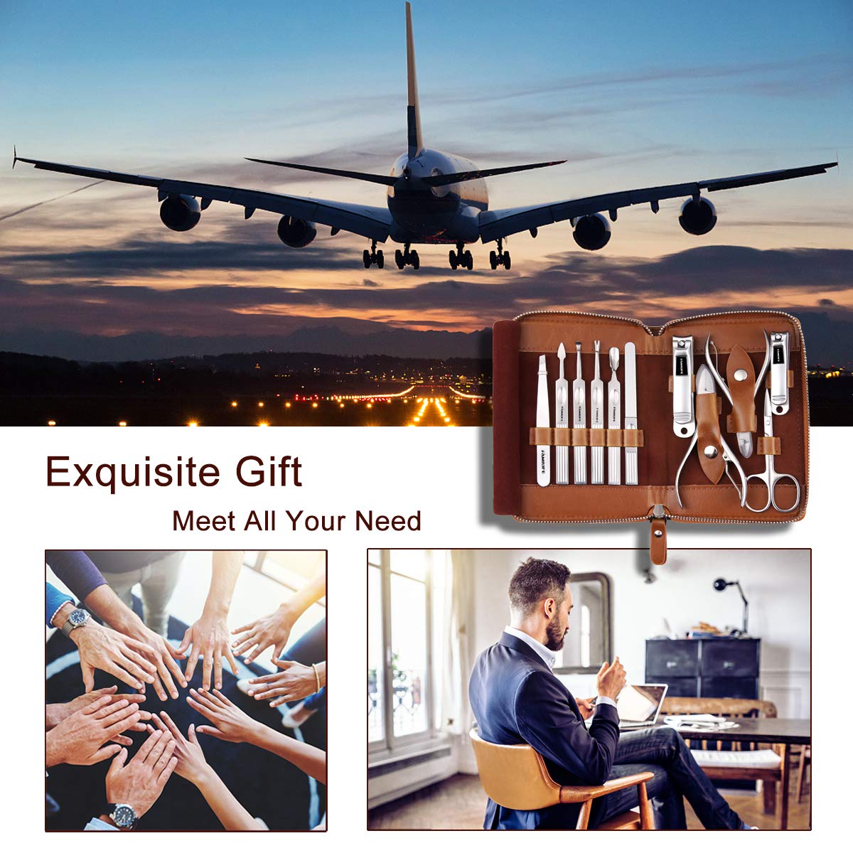Manicure Set, FAMILIFE Professional Manicure Kit Nail Clippers Set 11 in 1 Stainless Steel Pedicure Tools Kit Grooming Kit with Portable Brown Leather Travel Case for Men L18 : Beauty