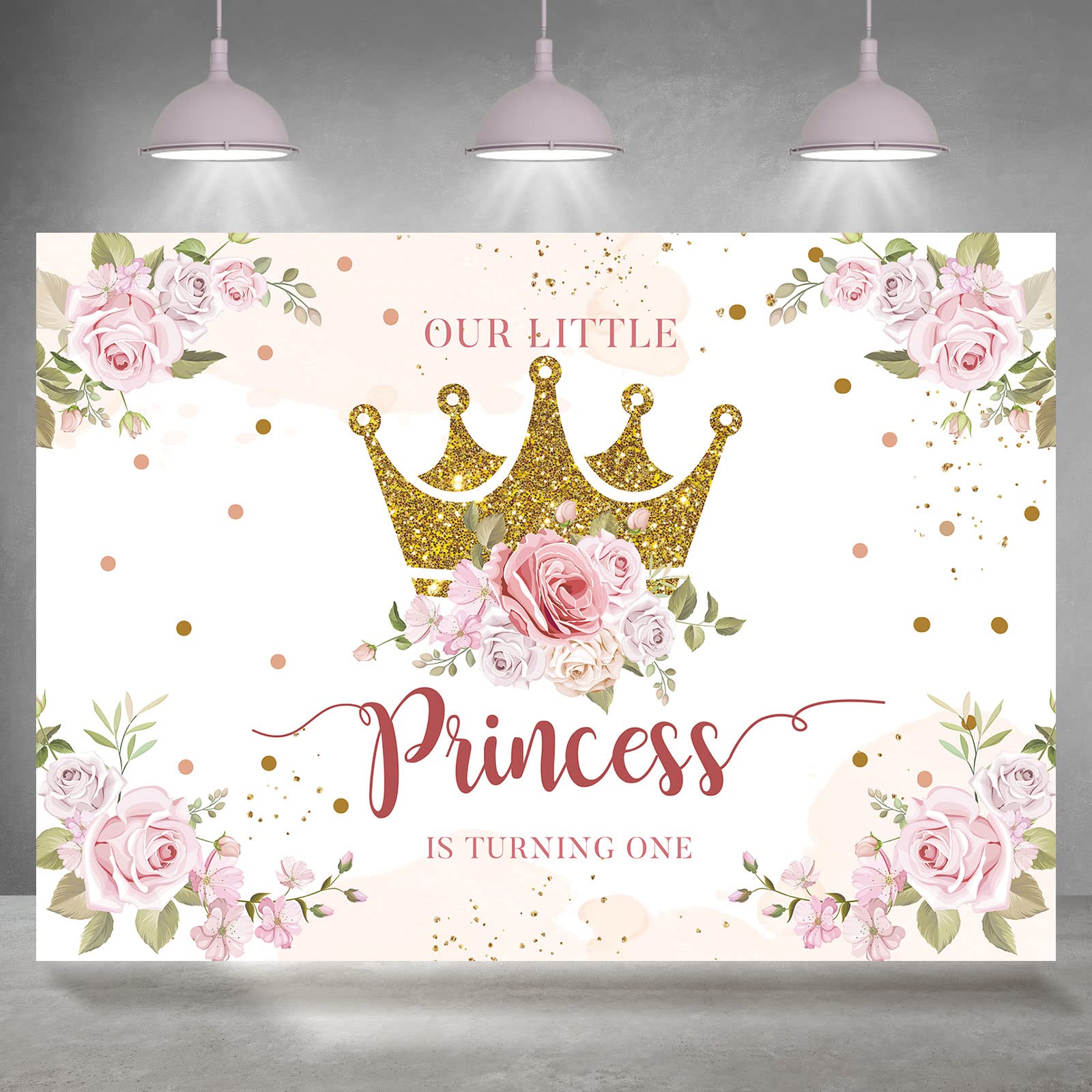 Photo 1 of Rsuuinu Little Princess Backdrop 1st Birthday Party Decorations for Girls Pink Flowers Banner Gold Crown Glitter Happy First Birthday Photography Background Cake Table Decor Photo Booth Props 7x5ft