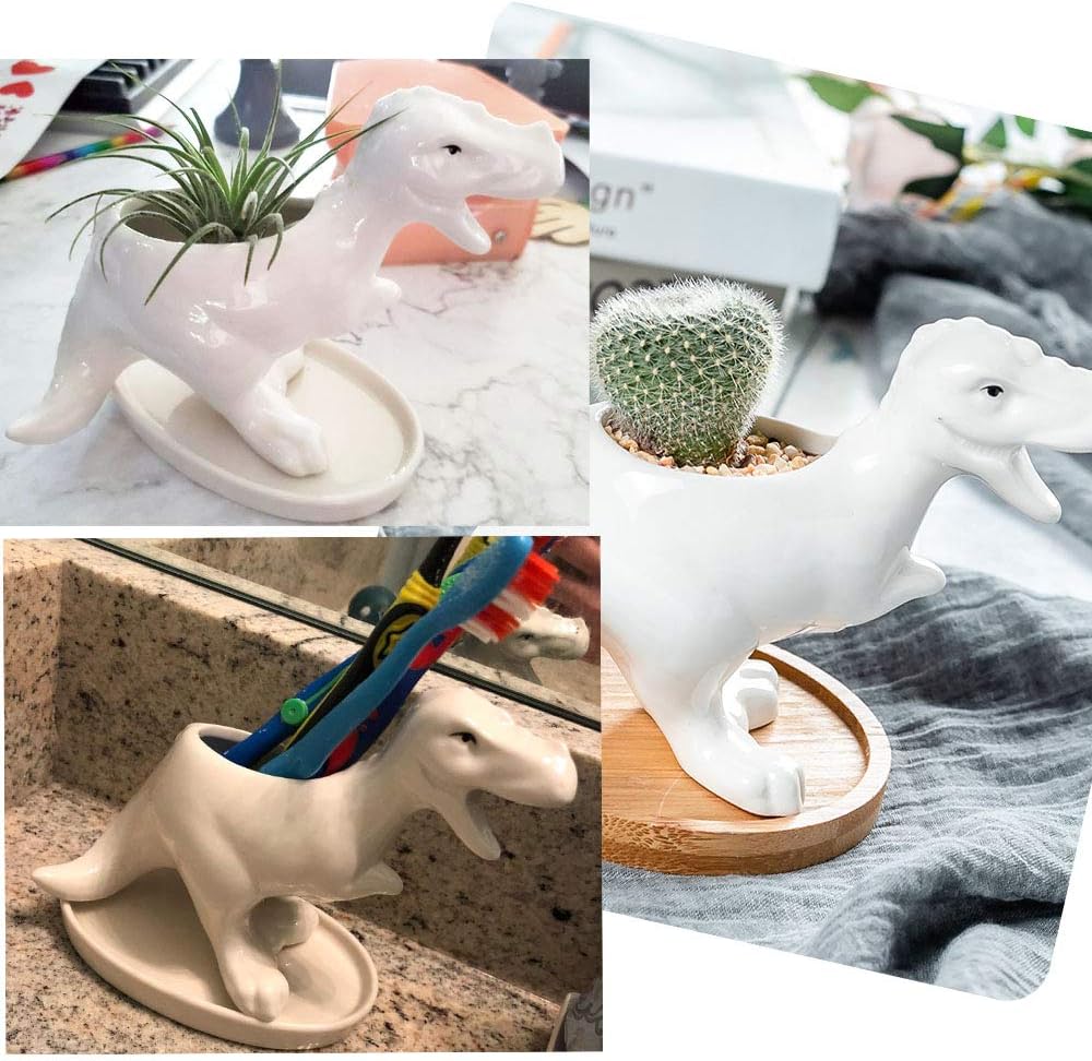 KiaoTime Dinosaur Shape White Ceramic Succulent Planters Pots little Planter flower Bonsai Plant Dino Pots Vase Container Cactus Desktop Animal Decoration Pencil Holder Nursery Pots - Image 5