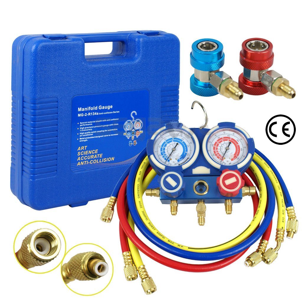 3 Way Manifold Vacuum Gauge Set with Color Coded Hoses