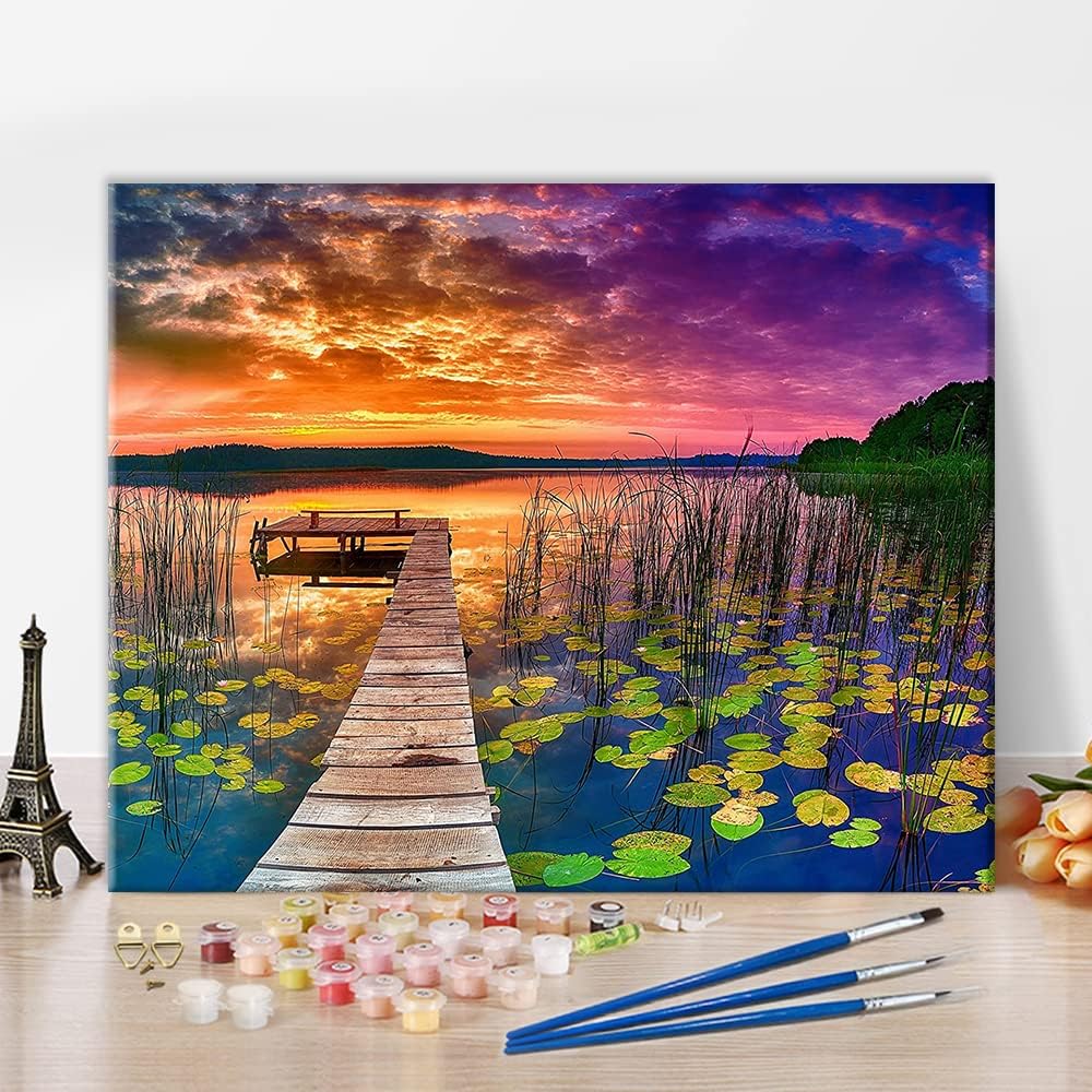 Paintings - TISHIRON Paint by Numbers for Adults DIY Dusk Adult Paint by Numbers Kits on Canvas for Wooden Bridge and Lake Painting Kits for Kids Beginner Oil Painting Kits Gift for Kids and Adults 16x20 Inch